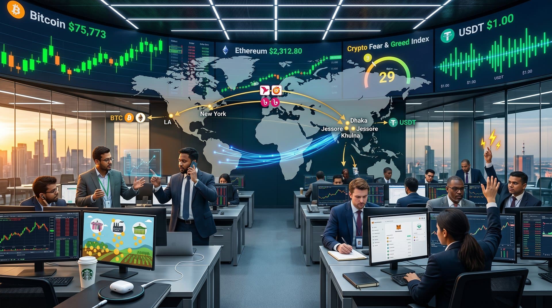 Futuristic trading floor with Bitcoin at $75,773 charts, remittance maps from US to Bangladesh, bKash icons in vibrant tech style
