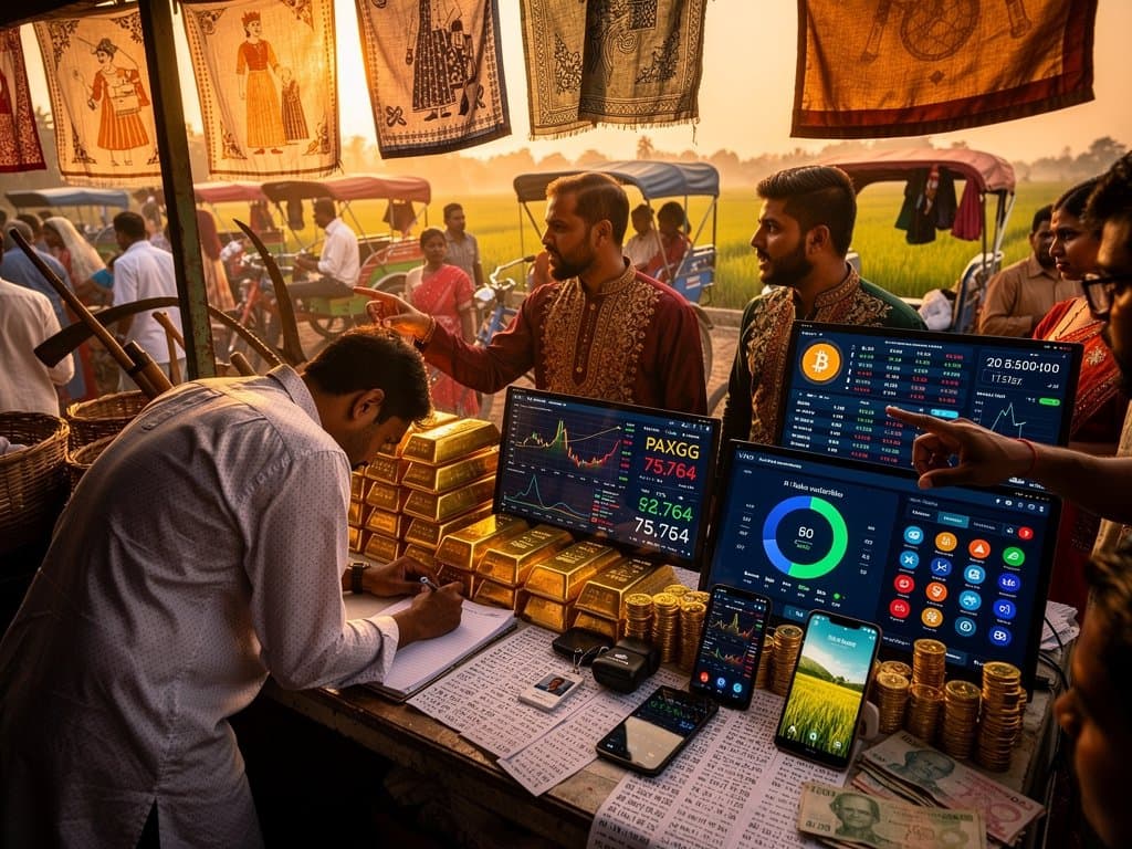 Jessore gold market with crypto screens showing BTC $75K, gold-backed cryptocurrency tokens, Taka charts, and Fear Index 33