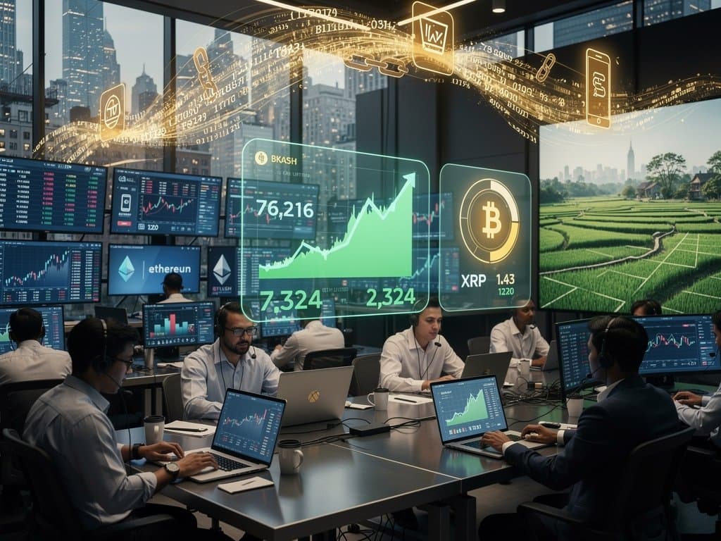 Abstract crypto charts with Bitcoin at $76,216, remittance flows from US to Jessore amid market rebound