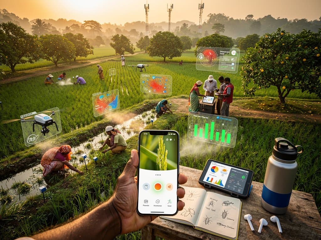 AI heatmaps overlay Jessore farms with drones, smartphone apps, bKash finance, and remittance graphics