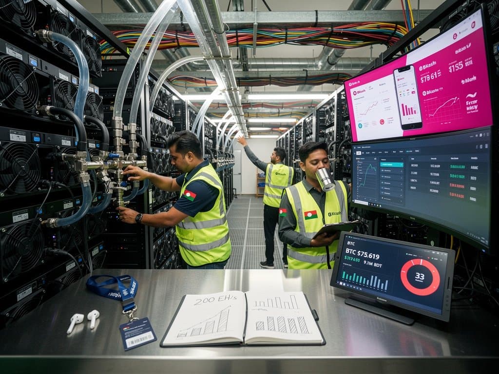 High-tech crypto mining data center with ASIC rigs, BTC price displays, Bangladesh remittance charts, and Fear & Greed Index amid regulatory themes