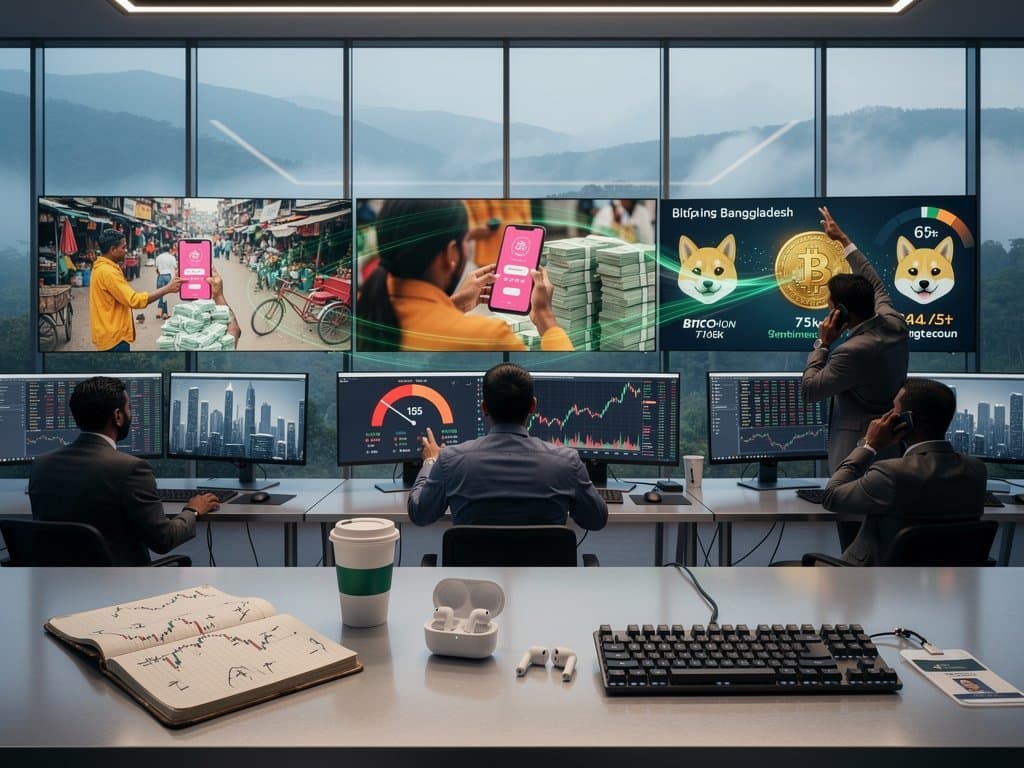 Abstract crypto charts of Dogecoin rush and BTC at $75,690 blending West Virginia mining with Jessore remittance markets