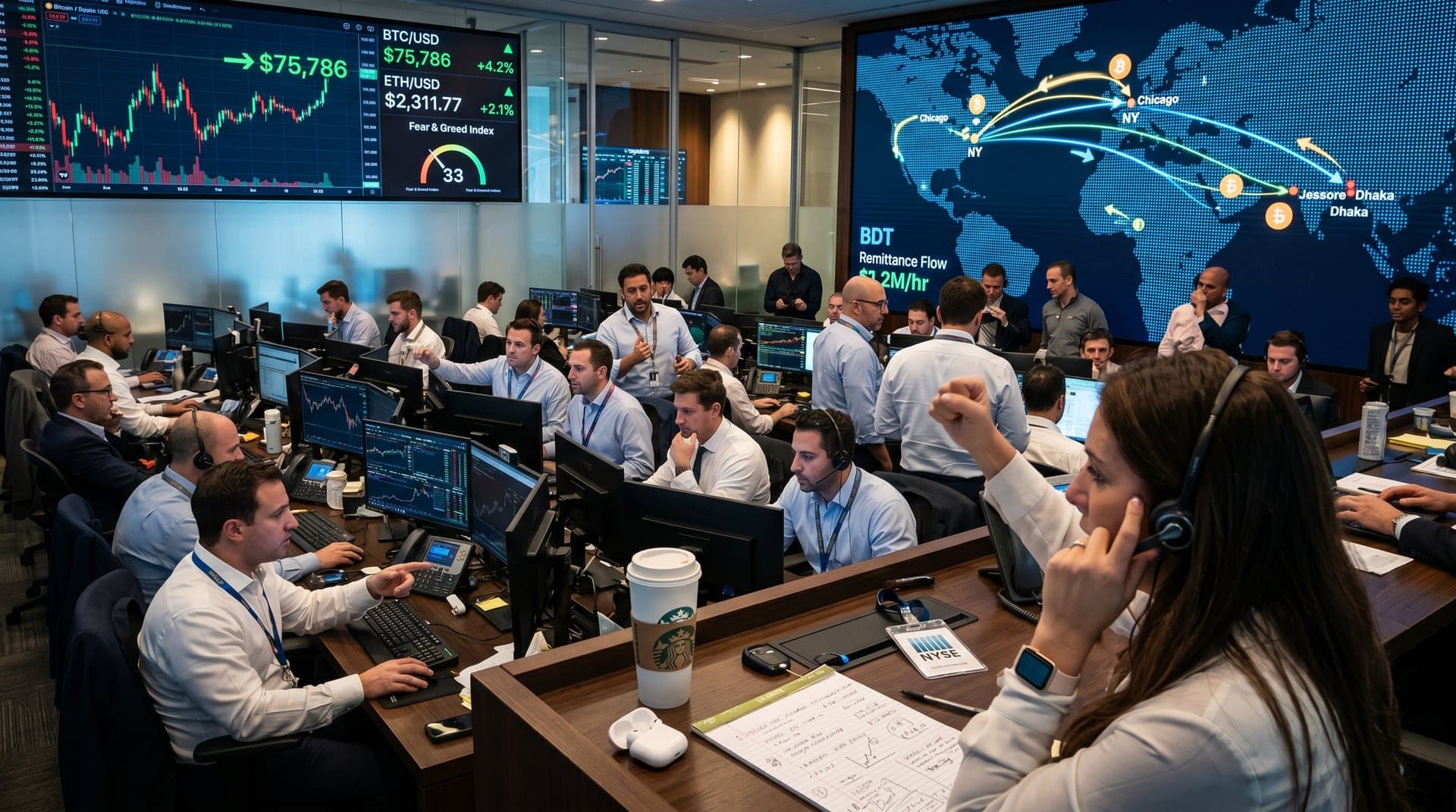 Trading screens show Bitcoin at $75,786, crypto charts, and US-to-Bangladesh remittance maps in high-tech floor.
