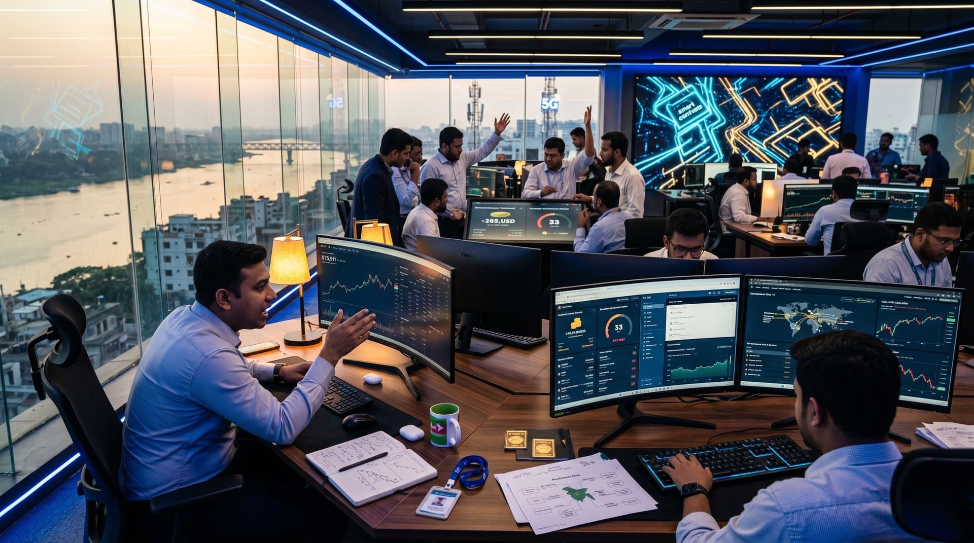 Dhaka fintech traders monitor gold-backed crypto, Bitcoin at $75,911, and Fear Index 33 with remittance charts and city skyline