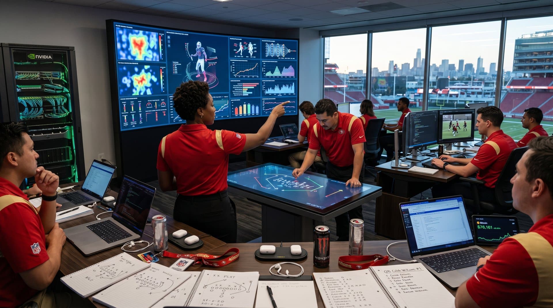 49ers data scientists analyze AI NFL draft strategies on video wall with stadium backdrop (78 chars)
