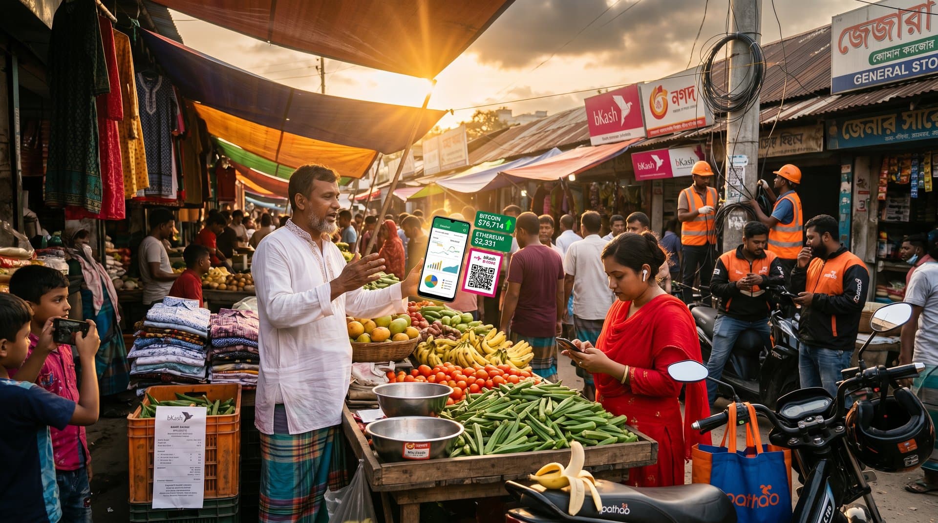 Jessore market vendors using AI apps on phones amid crypto charts and bKash signs