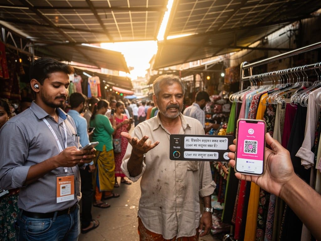 Jessore market with smartphones displaying AI tools and BTC charts amid bKash signs and local goods
