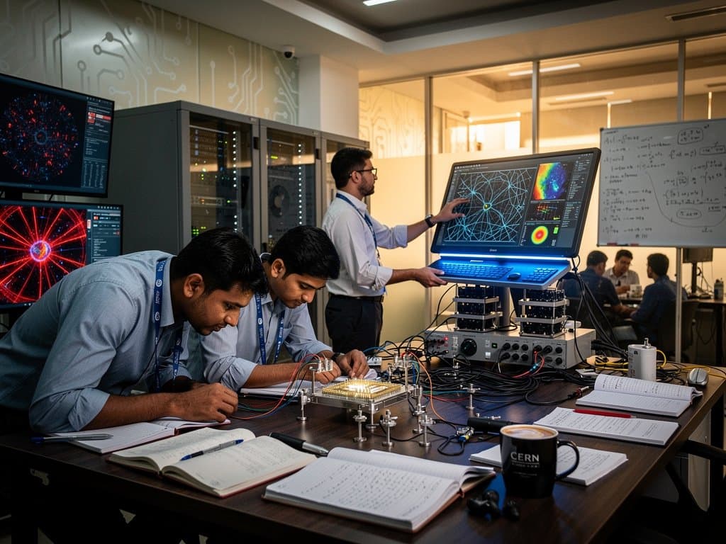 Bangladeshi university lab team analyzes NEUROPix AI particle detectors and LHC data on screens amid high-tech setups