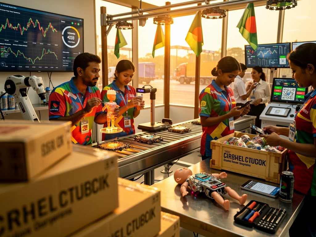 Jessore factory assembles AI toys amid crypto charts, export crates, and Bangladesh economic elements