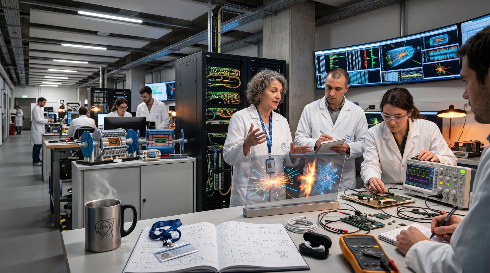 Neuromorphic AI particle detectors in modern CERN-style lab with simulation screens and prototypes
