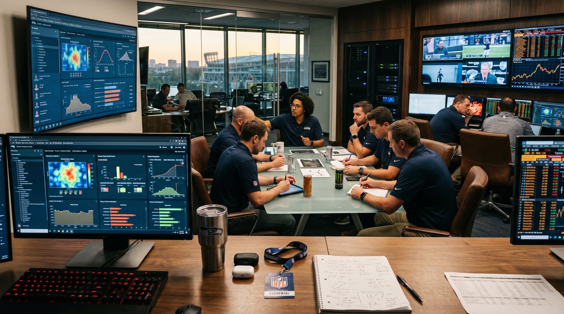 Analysts in 49ers war room pore over AI heatmaps and draft projections on large curved screens amid modern tech setup