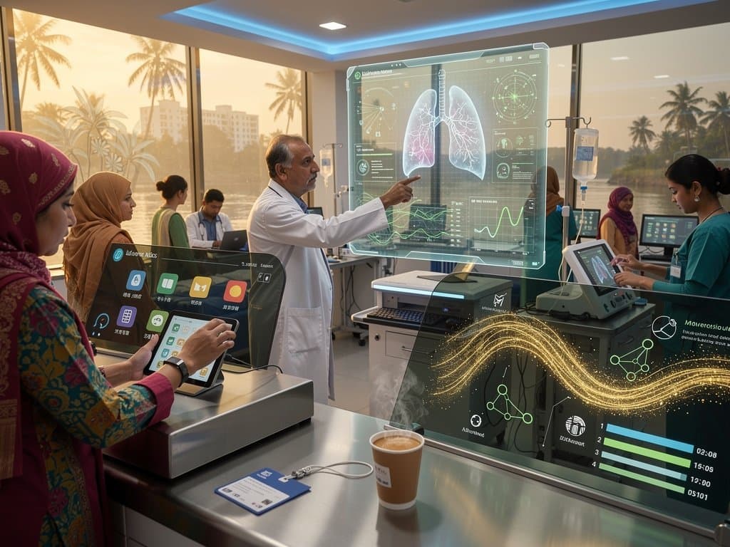 Abstract AI healthcare transformation in Jessore hospital with diagnostics, remittance flows, and local tech integration