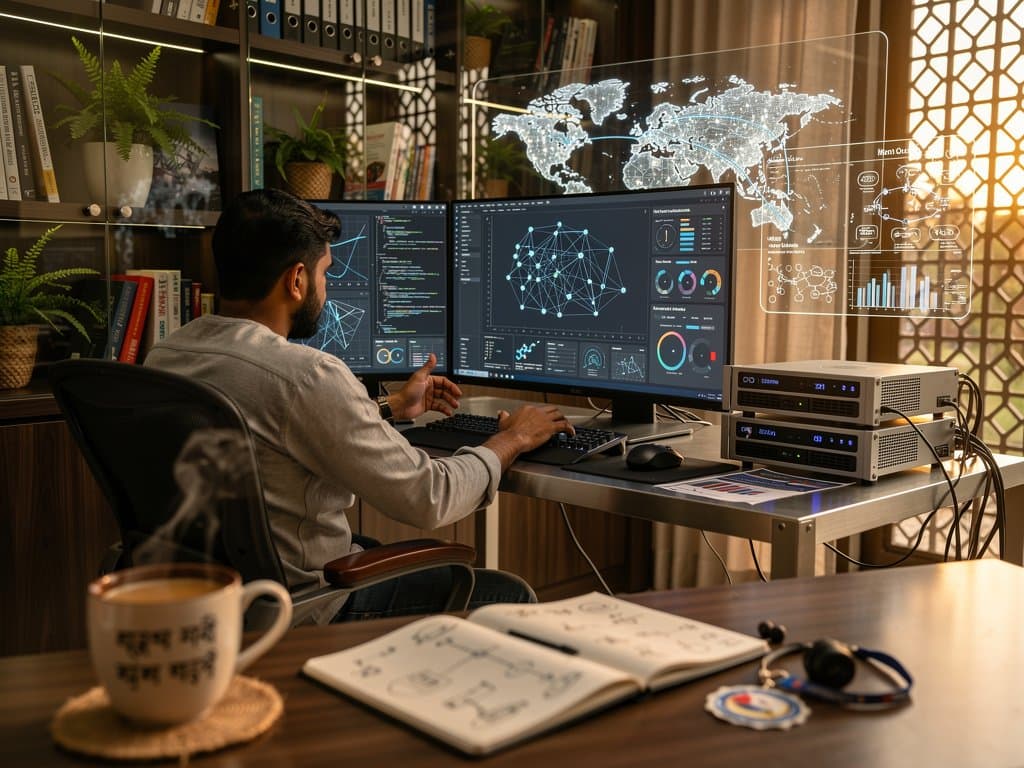 Remote Bangladesh developer workspace with AI healthcare dashboards and global maps on monitors